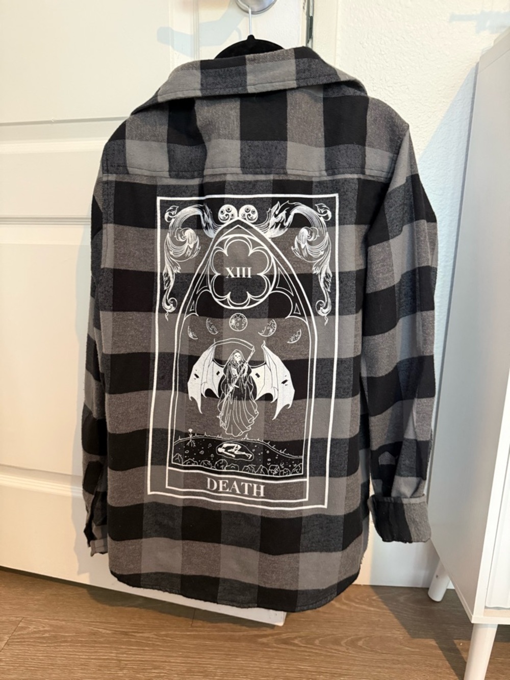The Pretty Cult Black & Gray Plaid Graphic Flannel Shirt - Death Tarot Design